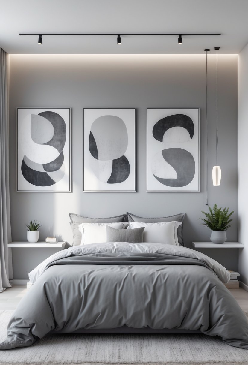 v2 11knma n4b57 A modern bedroom with gray and white bedding, abstract art on the walls, and a bedside table with a small plant.