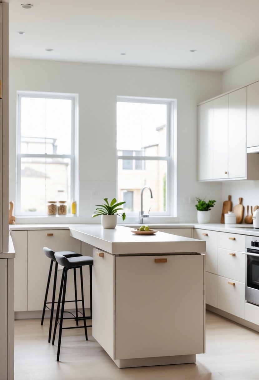 v2 11knts vwamy A small modern kitchen with a kitchen island that has built-in storage and seating for two.