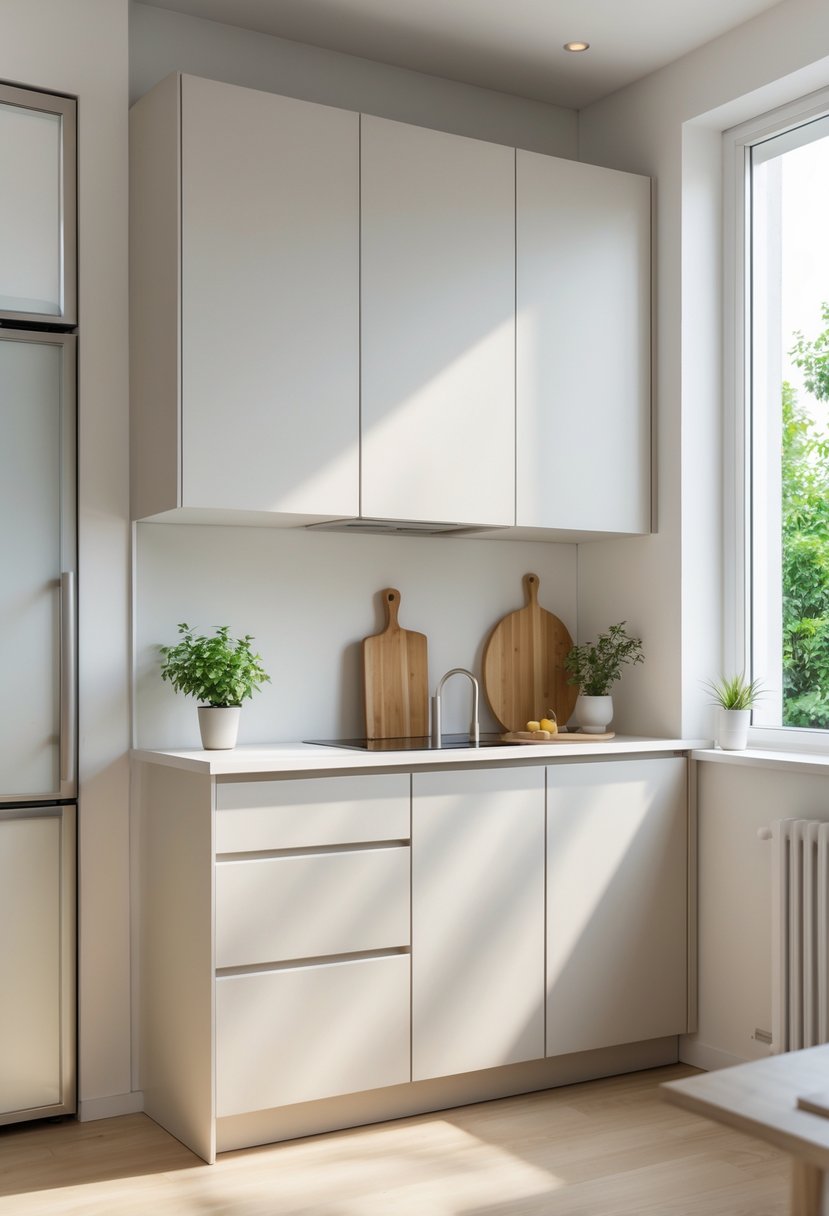 v2 11knvg njof6 A small kitchen with tall cabinets reaching the ceiling, a clean countertop, and natural light coming through a window.