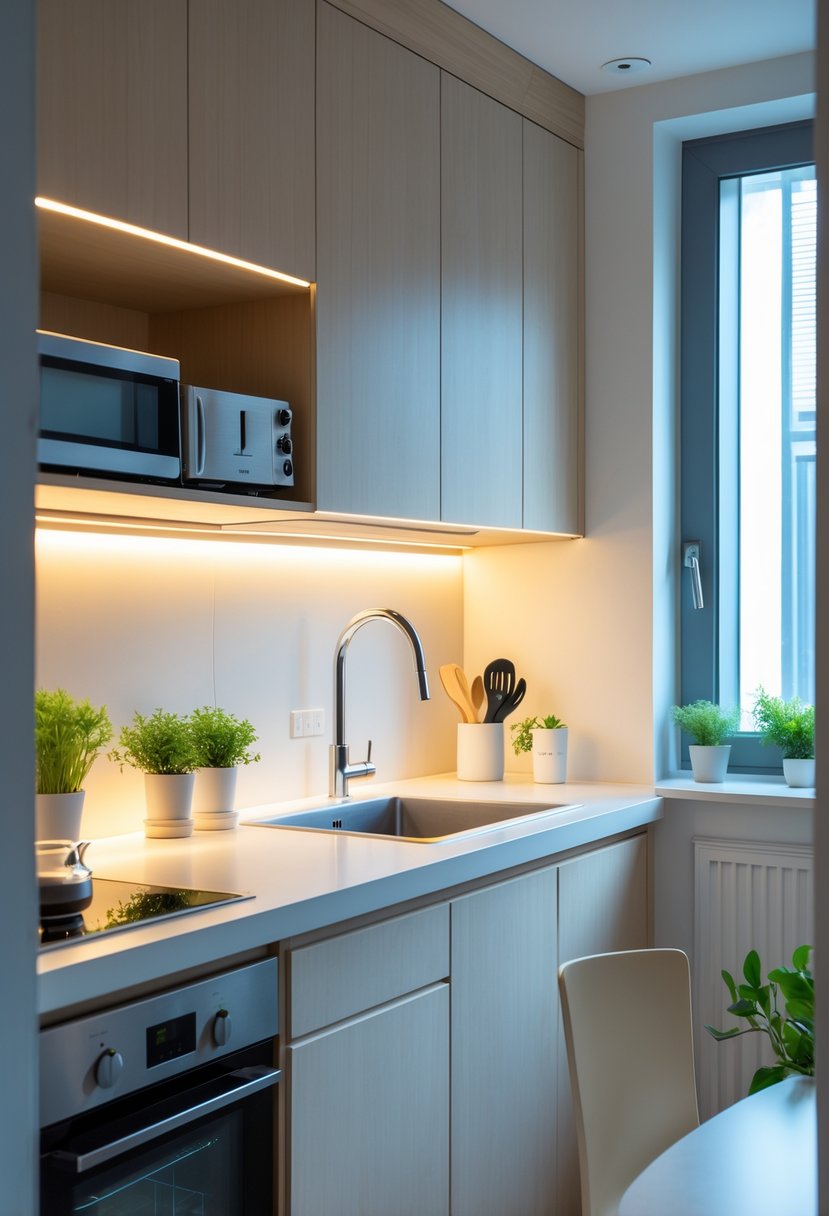 v2 11knwl boh9j A small kitchen with under-cabinet lighting illuminating the countertop workspace.