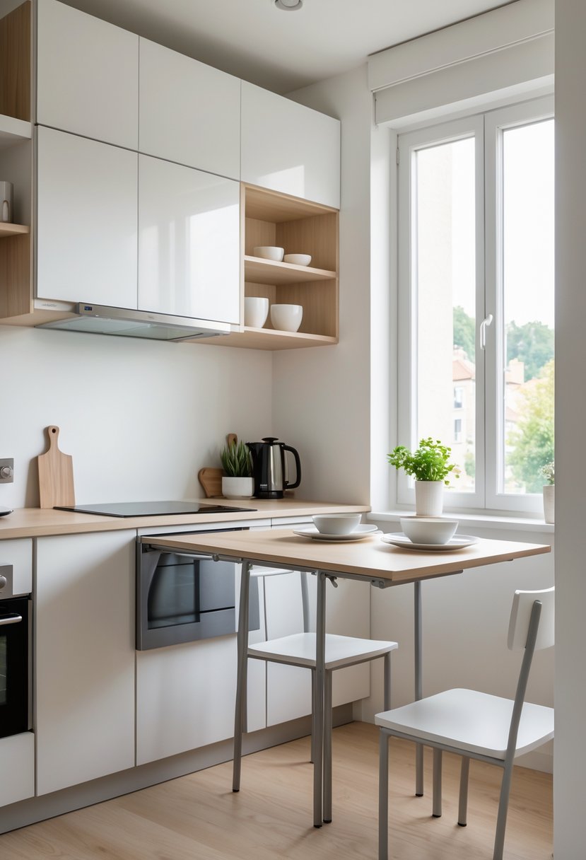 v2 11knx3 8n5ou A small kitchen with a fold-down table attached to the wall, surrounded by chairs, featuring compact appliances and storage solutions.