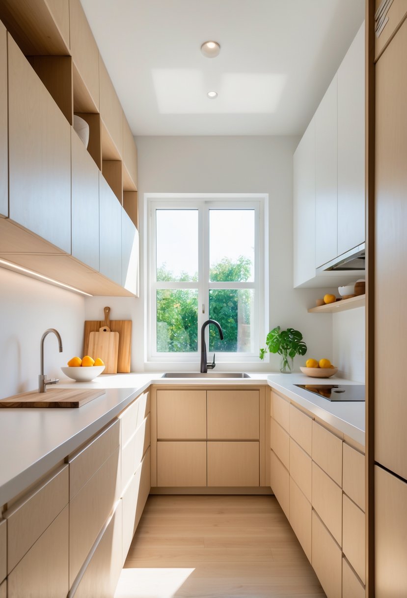 v2 11knze o8g3o A small kitchen with large lower cabinets for maximum storage, bright natural light, and minimal countertop items.