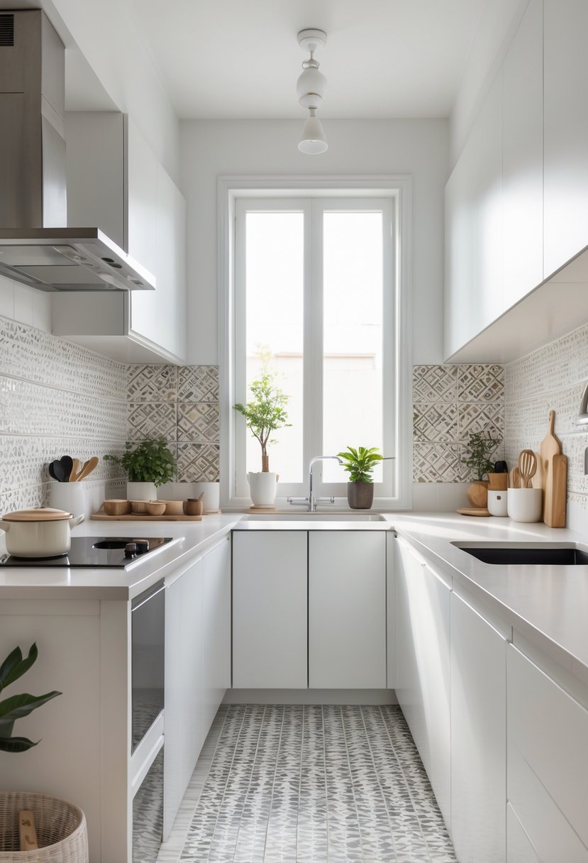 v2 11ko08 c9gpr A small kitchen with white cabinets and patterned tile backsplash, natural light, and plants on the countertop.