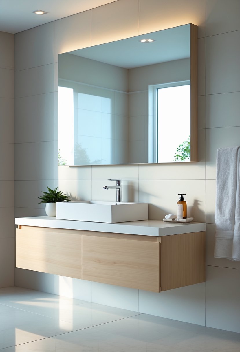 A modern bathroom with a wall-mounted floating vanity, a sink, faucet, mirror, and decorative items.