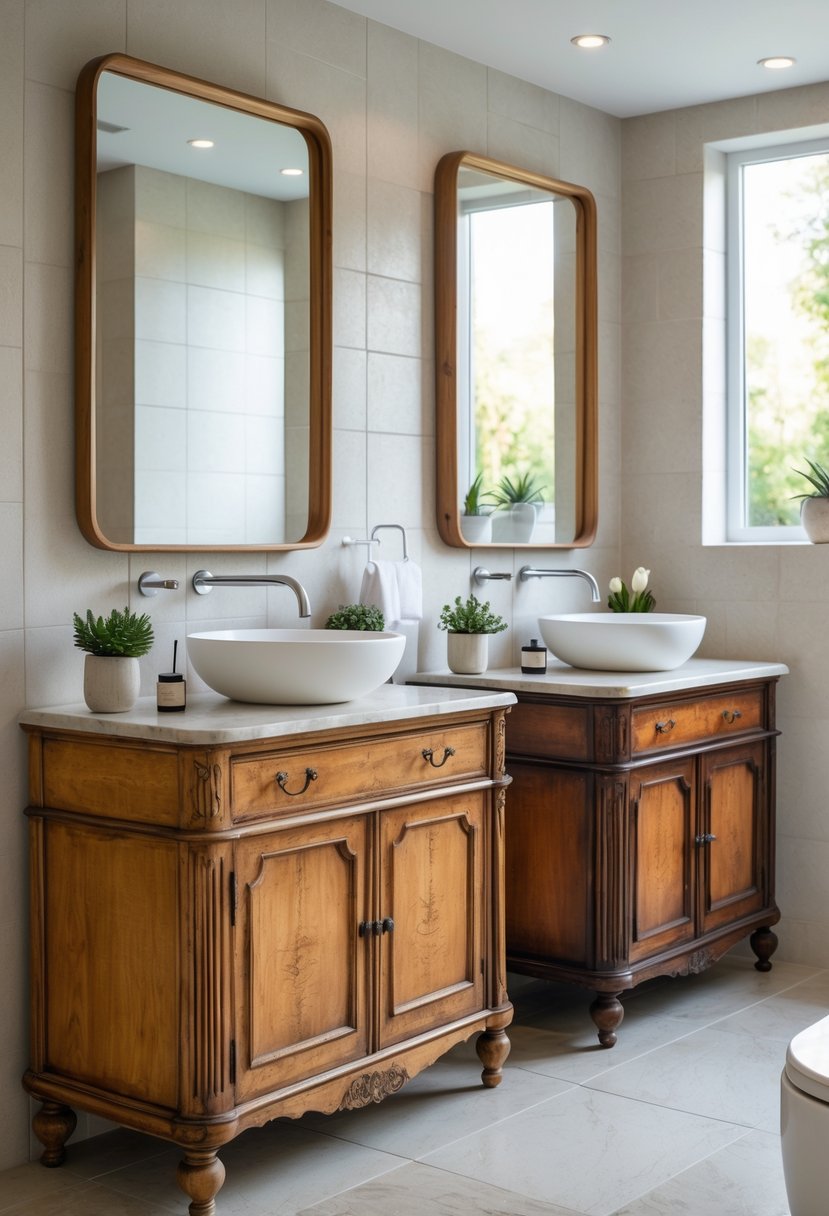 Bathroom with two vintage wooden sideboards used as vanities, each with a white sink and mirror above, decorated with plants and towels.