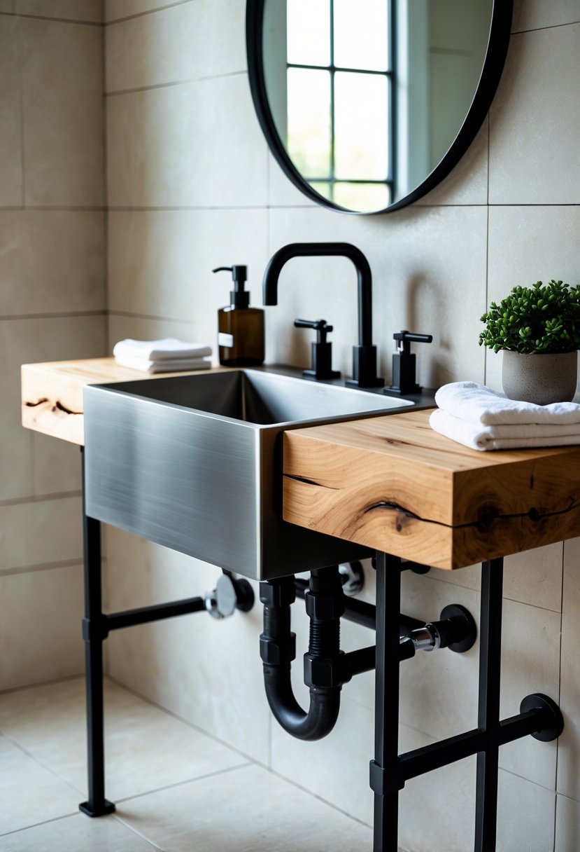 A bathroom vanity with an industrial-style stainless steel sink on a wooden countertop, surrounded by bathroom accessories and neutral tiles.