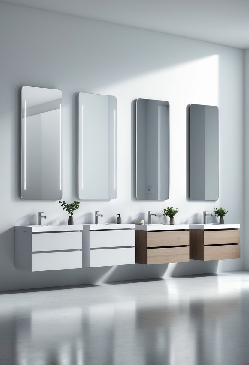 A collection of modern bathroom vanities with clean lines displayed in a bright showroom.