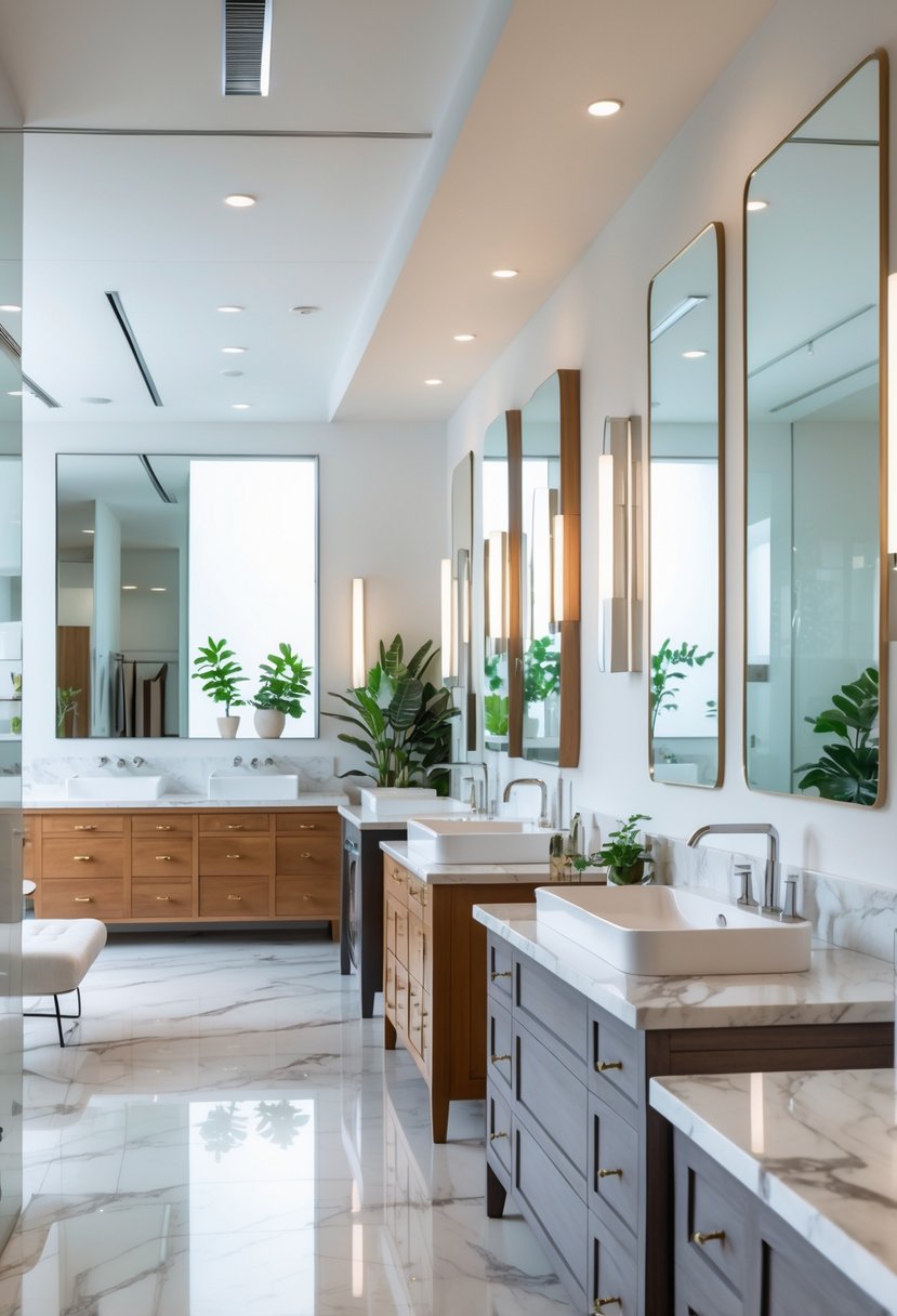 A showroom displaying multiple bathroom vanities with marble countertops and various designs.