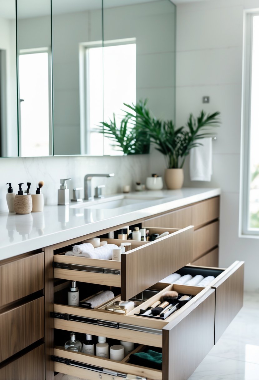 A bathroom vanity with open drawers showing neatly organized toiletries and grooming items, with a sink and mirror in the background.