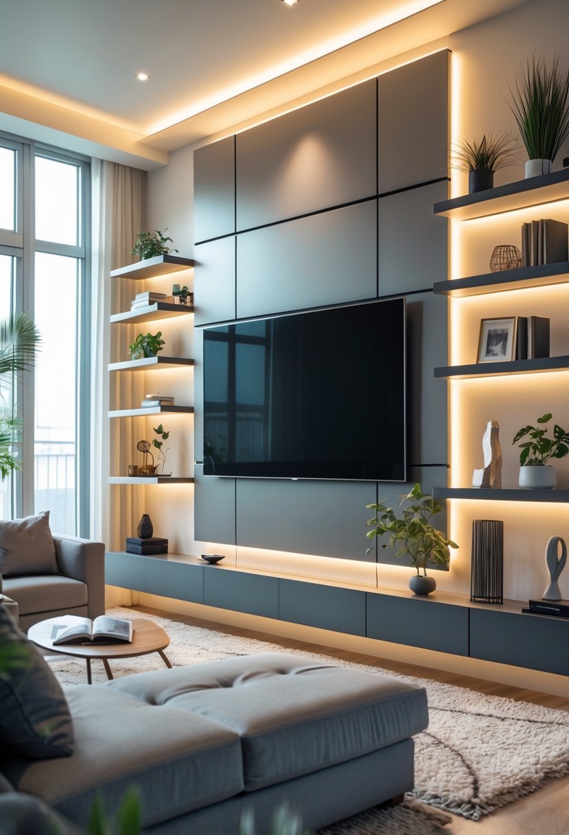 A modern living room with a flat-screen TV mounted on an accent wall surrounded by shelves and decorative items, with a sofa and natural light from windows.