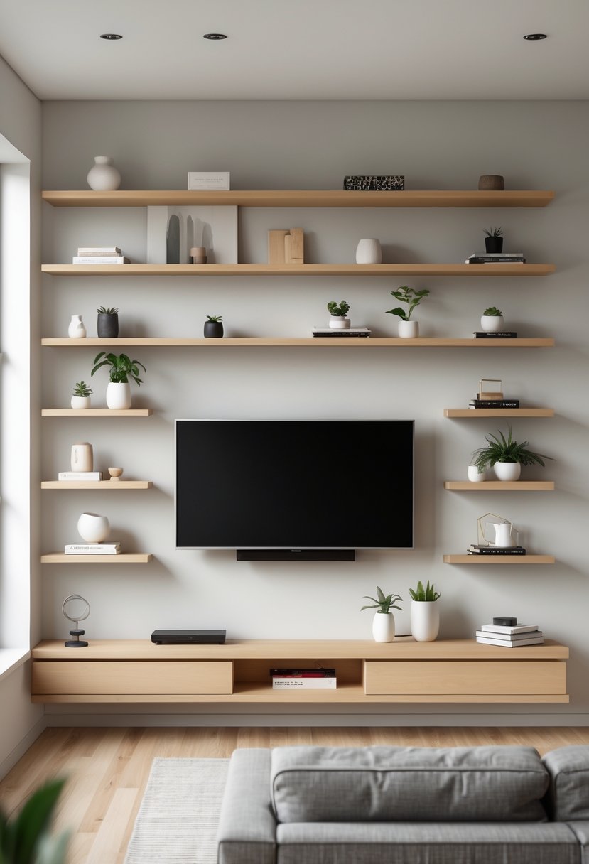 Living room with a TV mounted on the wall surrounded by floating shelves holding decorative items and books.
