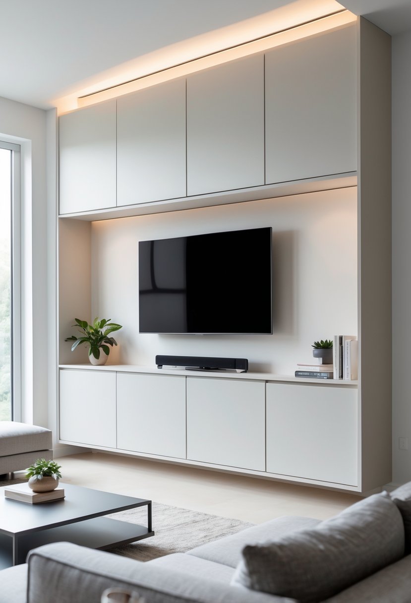Living room with a wall-mounted TV above built-in cabinetry for hidden storage, featuring a sofa and natural light.