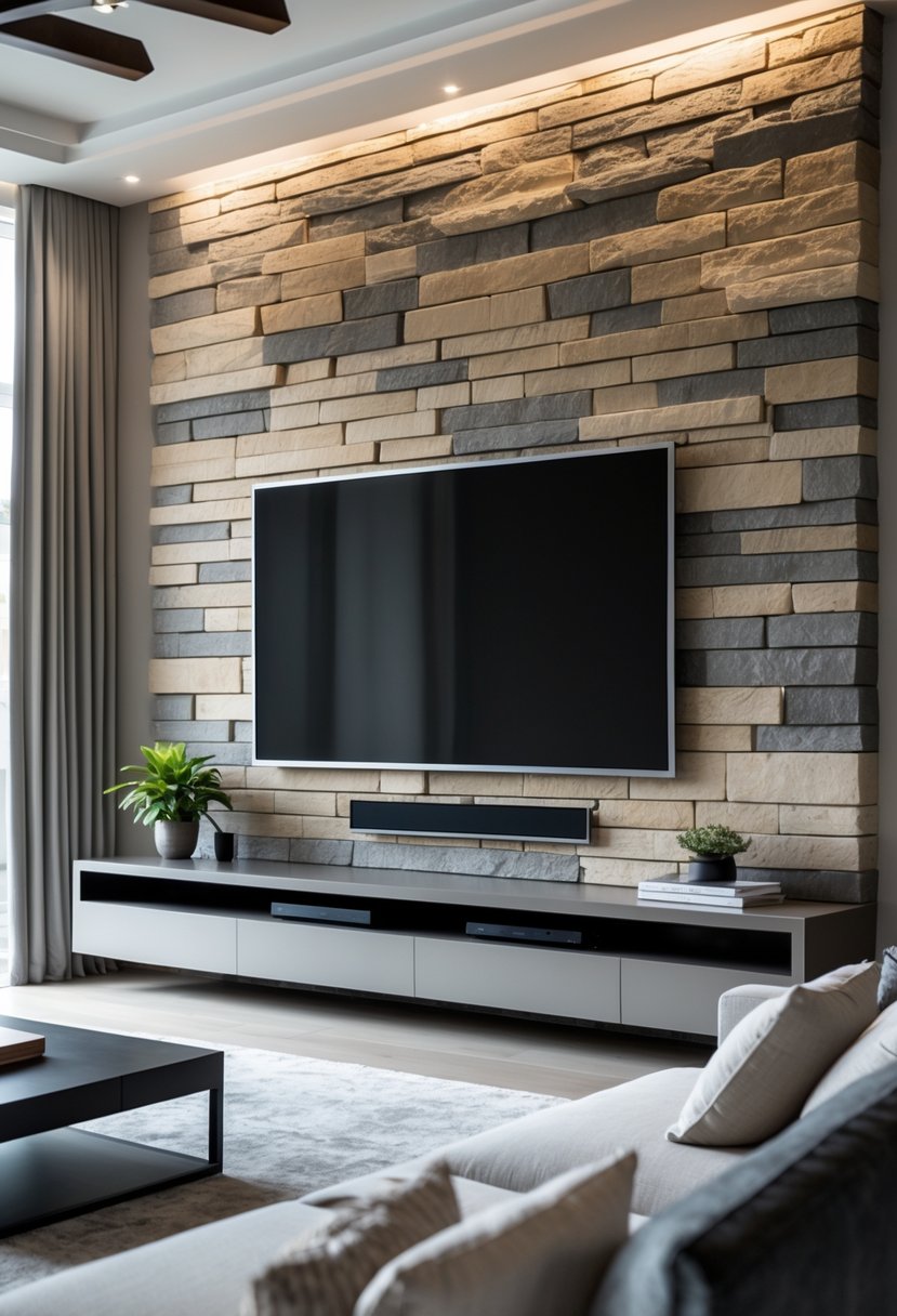 Living room with a stone accent wall behind a mounted flat-screen TV and a sofa facing it.