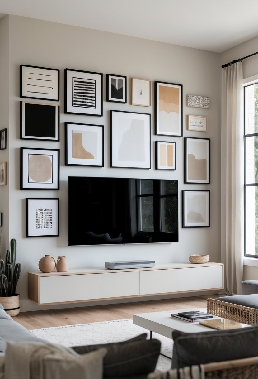 A living room wall with a flat-screen TV surrounded by multiple framed artworks arranged in a gallery style.