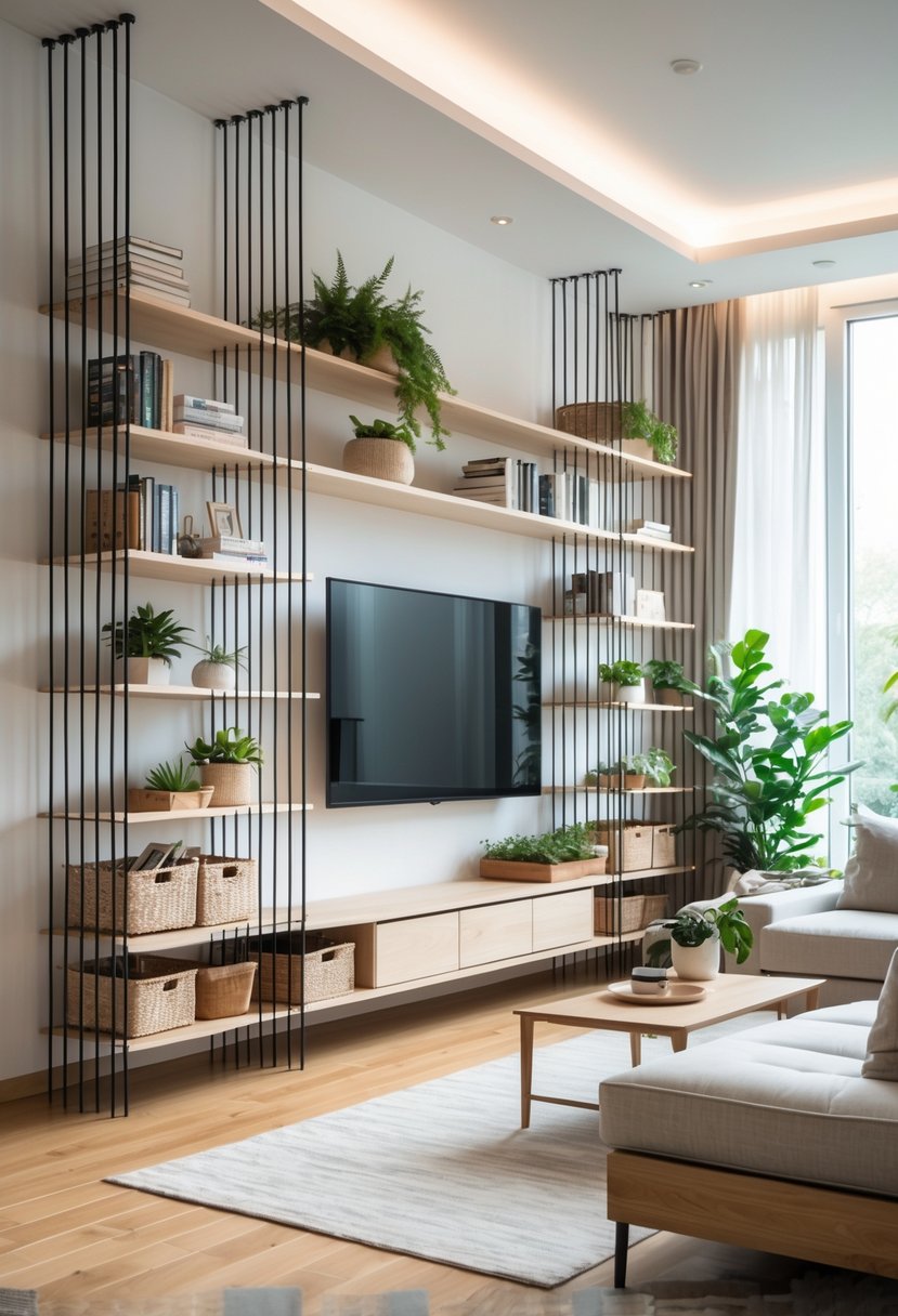 Living room with a large wall-to-wall string shelving unit behind a flat-screen TV, filled with books, plants, and decorative items.