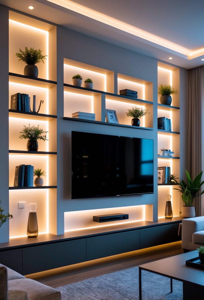 Living room with a TV mounted on a wall surrounded by recessed shelves lit with LED lights, displaying decorative items.