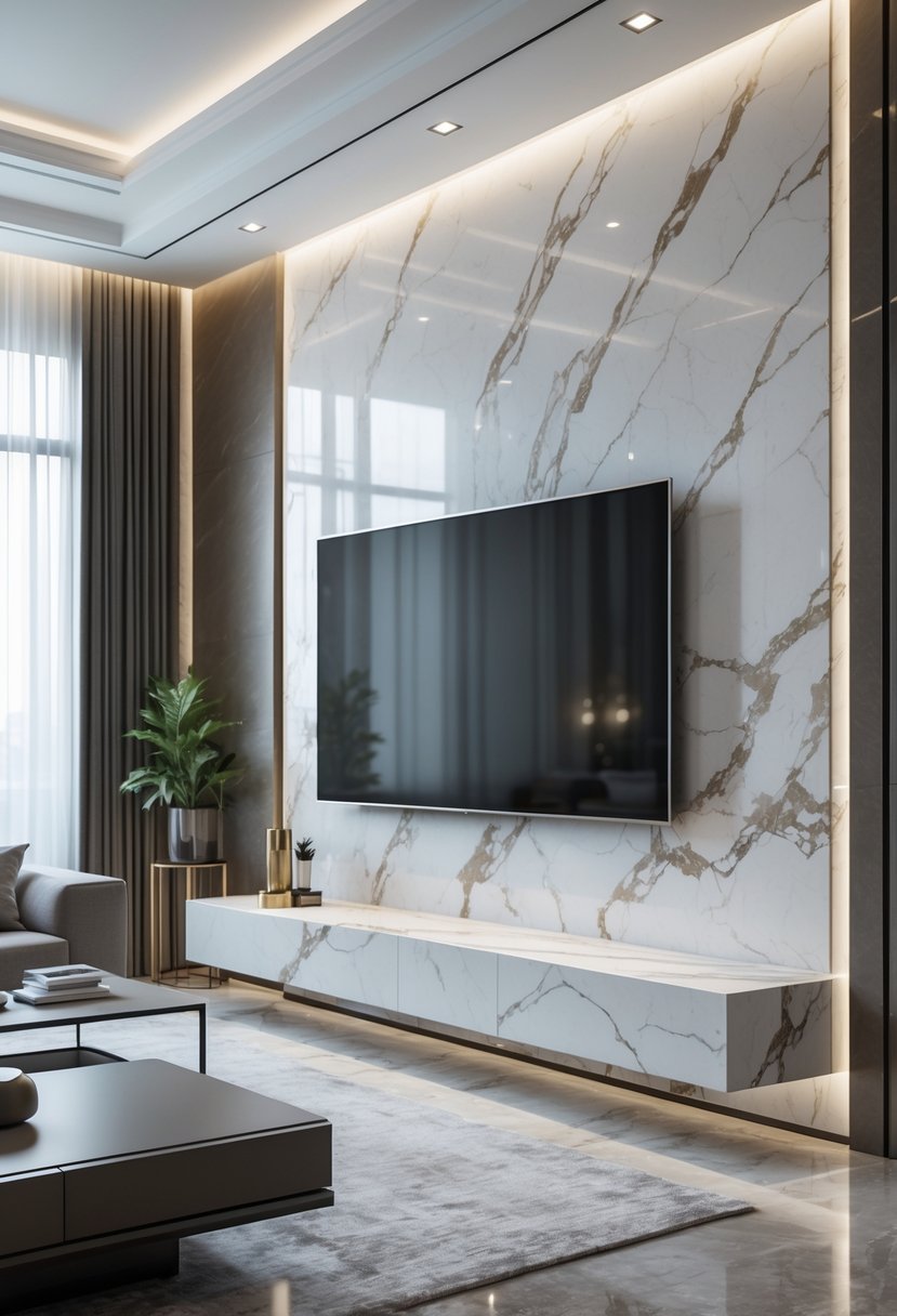 Living room with a large TV mounted on a wall with a marble backsplash and modern furniture.
