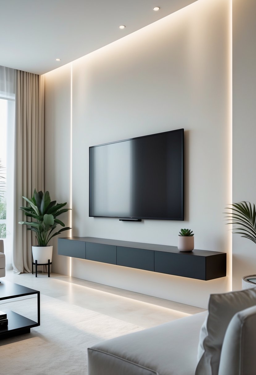 A modern living room with a flat-screen TV mounted on a wall using a minimalist black frame mount, surrounded by furniture and decor.