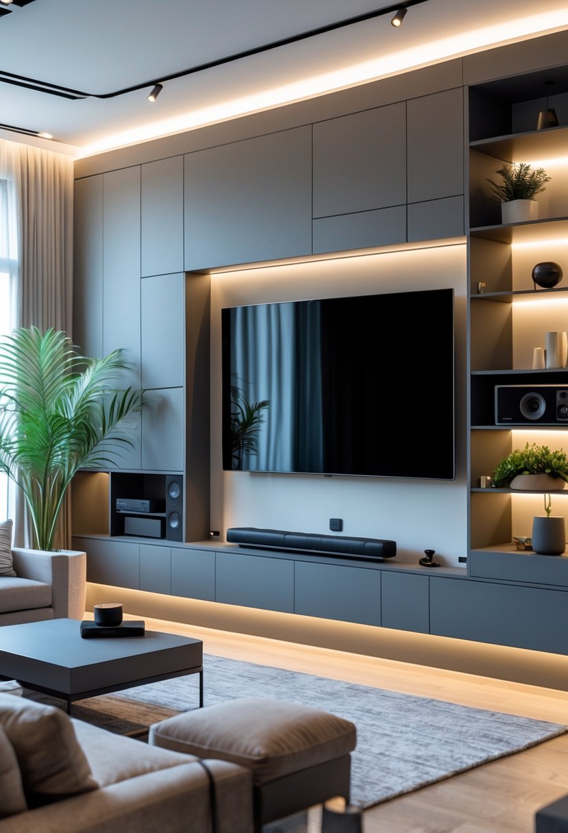 Living room with a mounted TV wall featuring an integrated soundbar and concealed media storage, surrounded by a sofa, coffee table, and decorative plants.