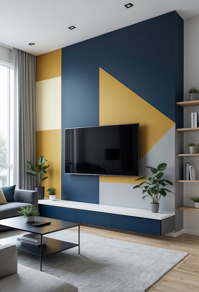 A living room with a flat-screen TV mounted on a wall featuring bold color-blocked paint accents and modern furniture.