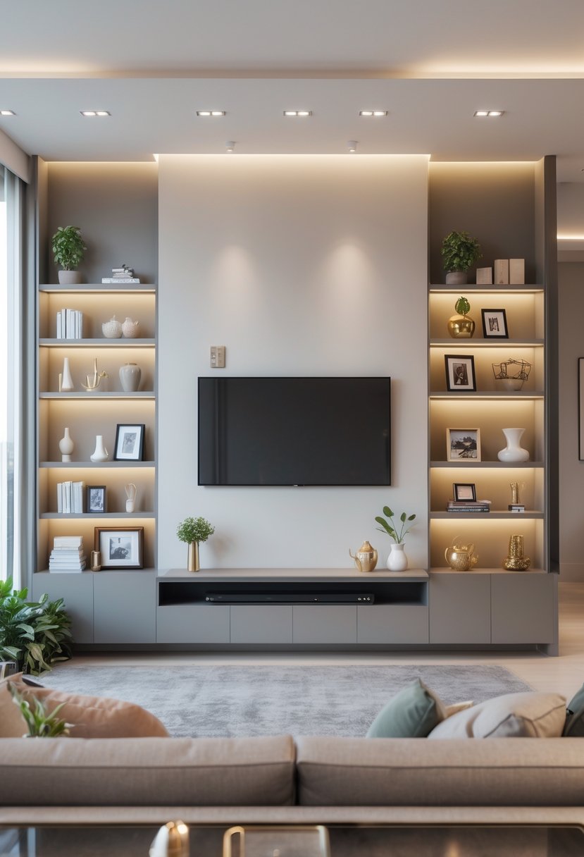 Living room with symmetrical side shelving units on either side of a central TV, decorated with books, vases, and plants.
