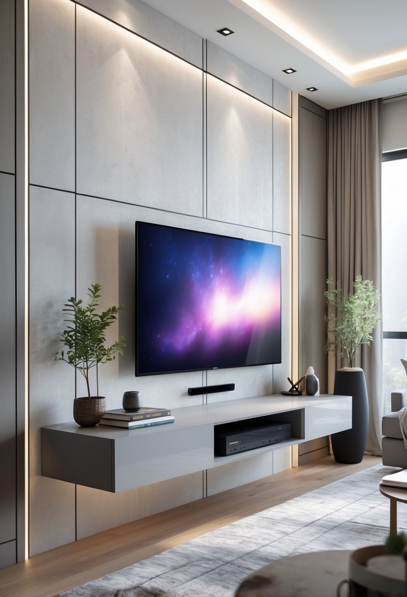 A living room with a floating TV console mounted on the wall, a large flat-screen TV above it, and organized cables hidden from view.