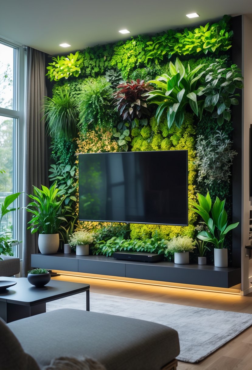 Living room with a flat-screen TV mounted on a wall covered in a vertical garden of green plants.