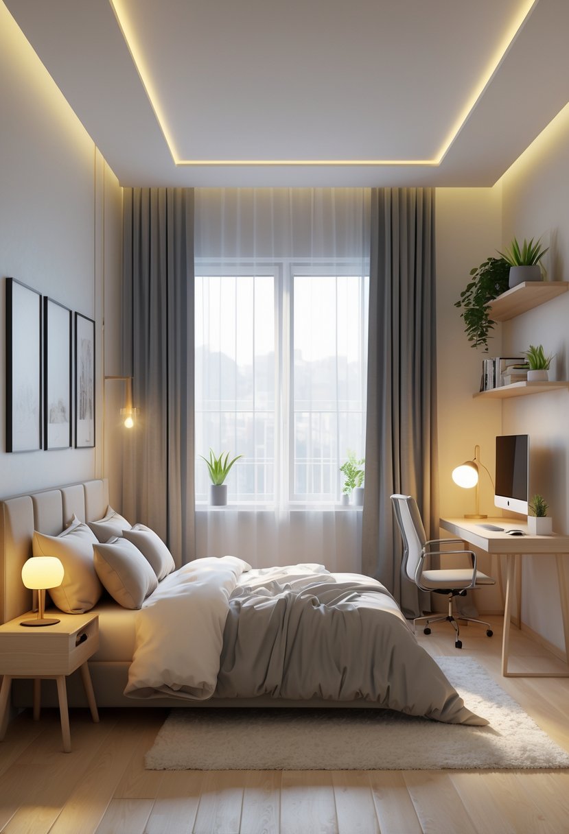 A bright and tidy bedroom with a bed, nightstand, desk, shelves, and a large window letting in natural light.