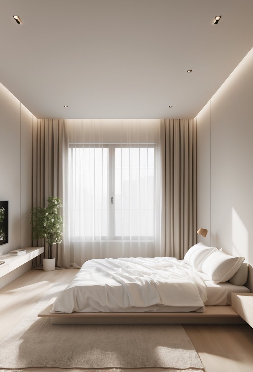 A bright bedroom with a bed, nightstand, large windows, and a small plant.