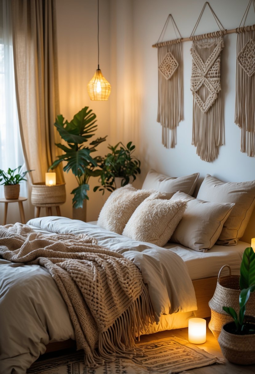 A cozy bedroom with a bed, pillows, warm lighting, wooden furniture, and plants.