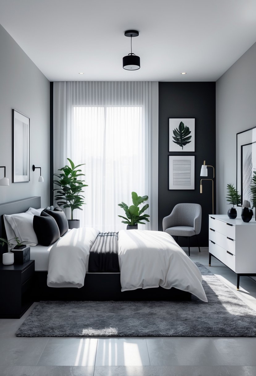 A neatly arranged bedroom with a bed, nightstand, dresser, and chair in black, white, and gray tones, illuminated by natural light through sheer curtains.