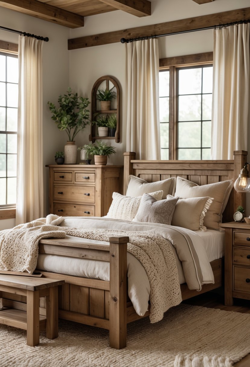 A cozy bedroom with wooden furniture, soft blankets, pillows, and natural light coming through the window.