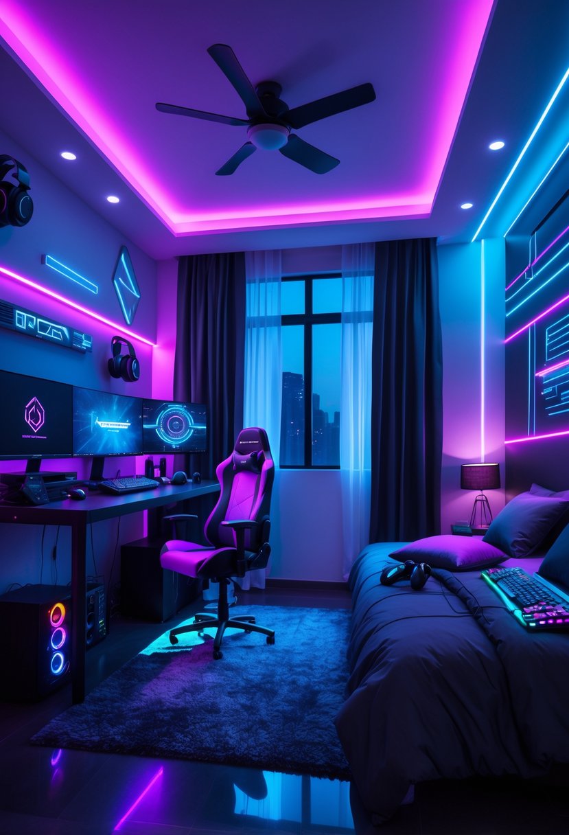 A bedroom with neon lights, gaming desk with multiple monitors, gaming chair, and tech decor.