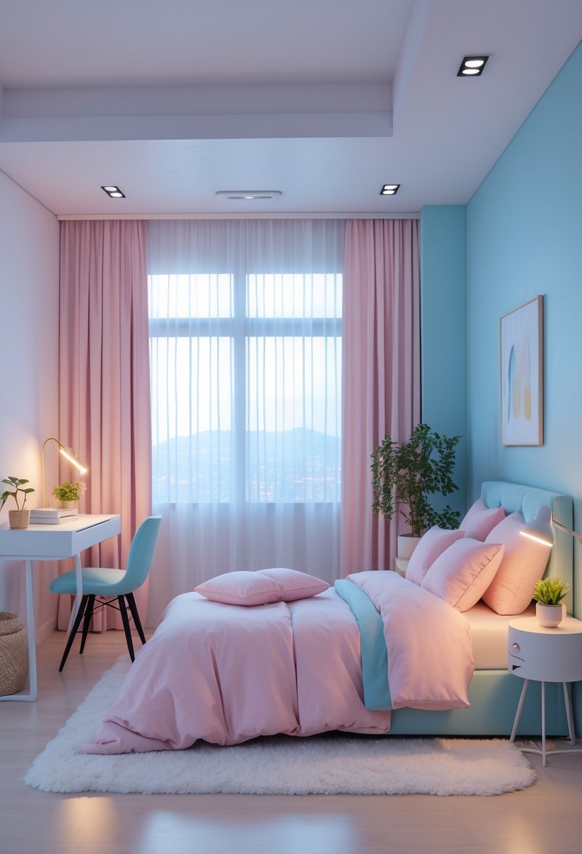 A bright and tidy bedroom with a bed, desk, plant, and window letting in natural light.