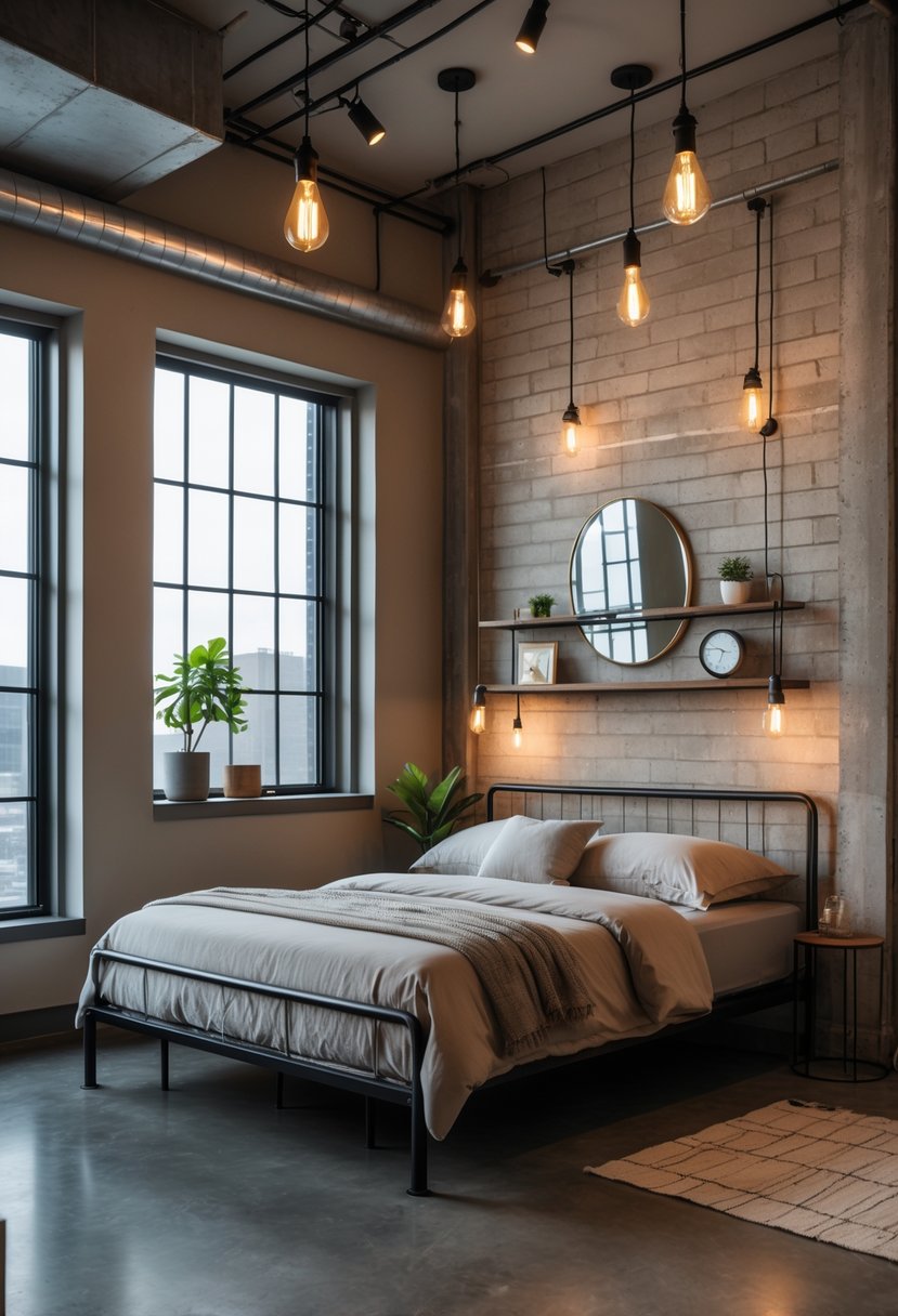 A neatly arranged bedroom with a metal bed frame, bedside tables, exposed ceiling lights, and large windows letting in natural light.