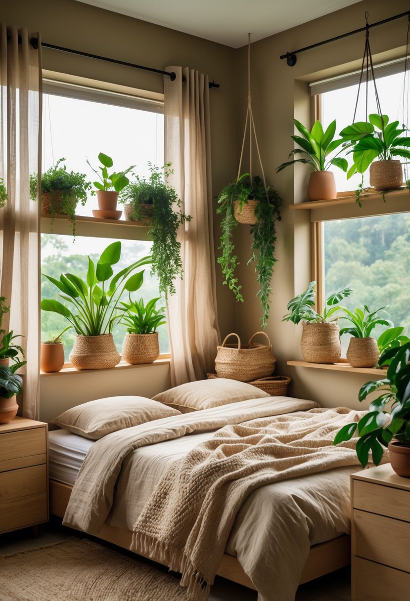 A bedroom with green plants, wooden furniture, and earth-tone colors, softly lit by natural light through sheer curtains.