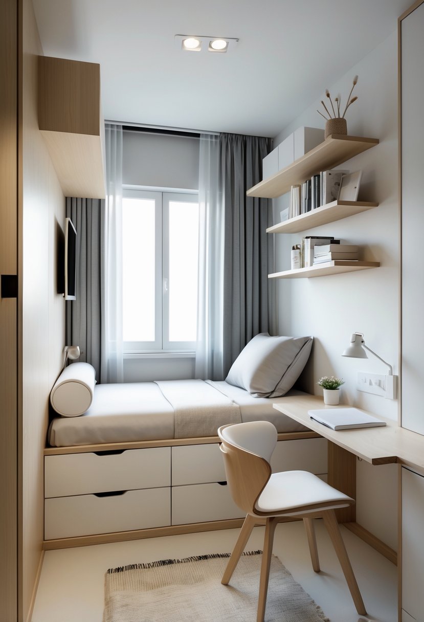 A small bedroom with a single bed, built-in storage, a foldable desk, shelves, and a window letting in natural light.