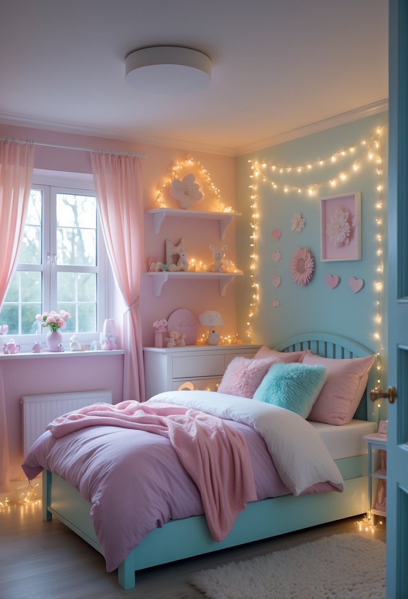 A cozy bedroom with a bed surrounded by fairy lights, pastel-colored bedding, and soft natural light coming through a window.