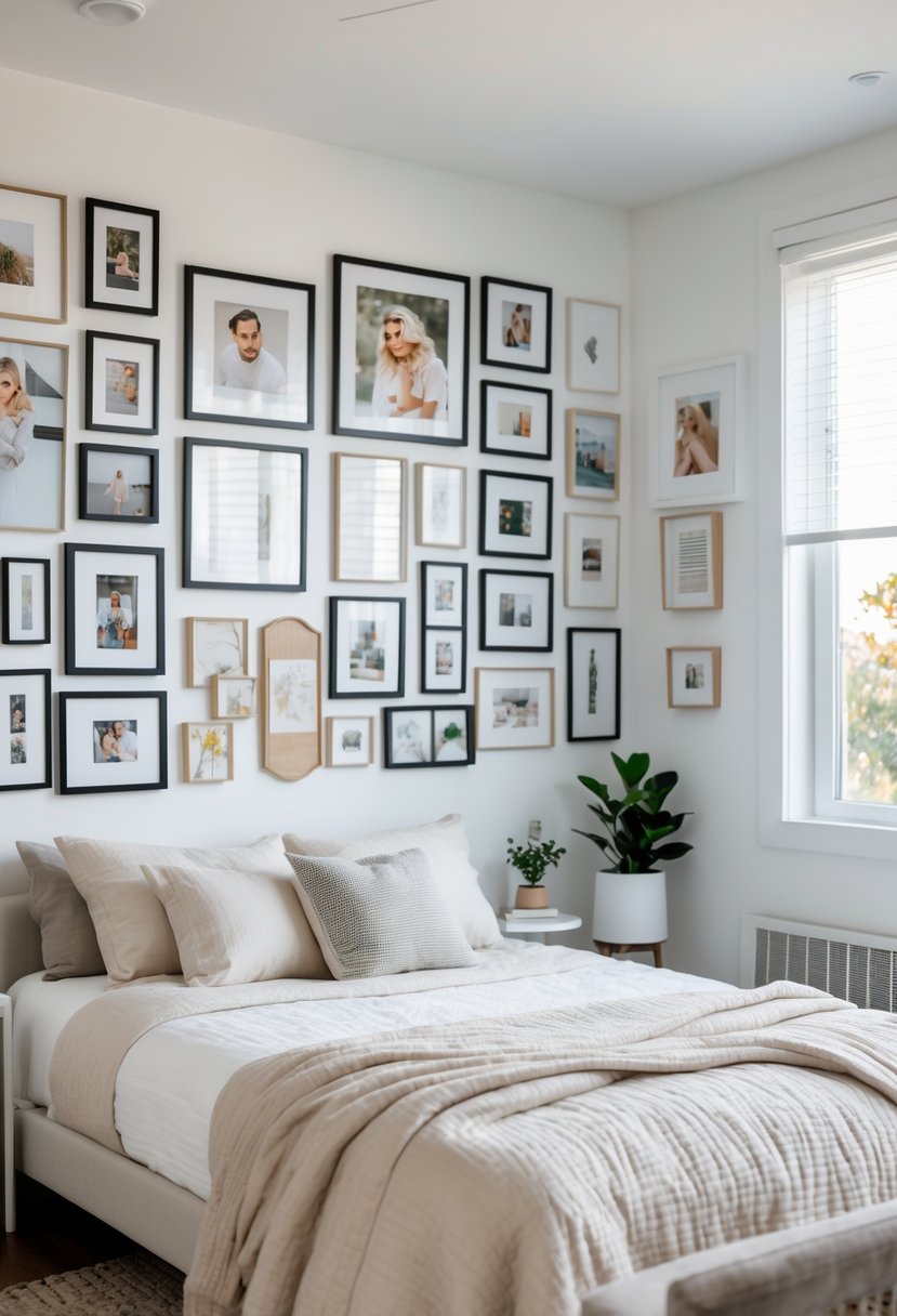 A bedroom with a wall gallery displaying multiple framed photos and artwork above a bed, with natural light and simple furniture.