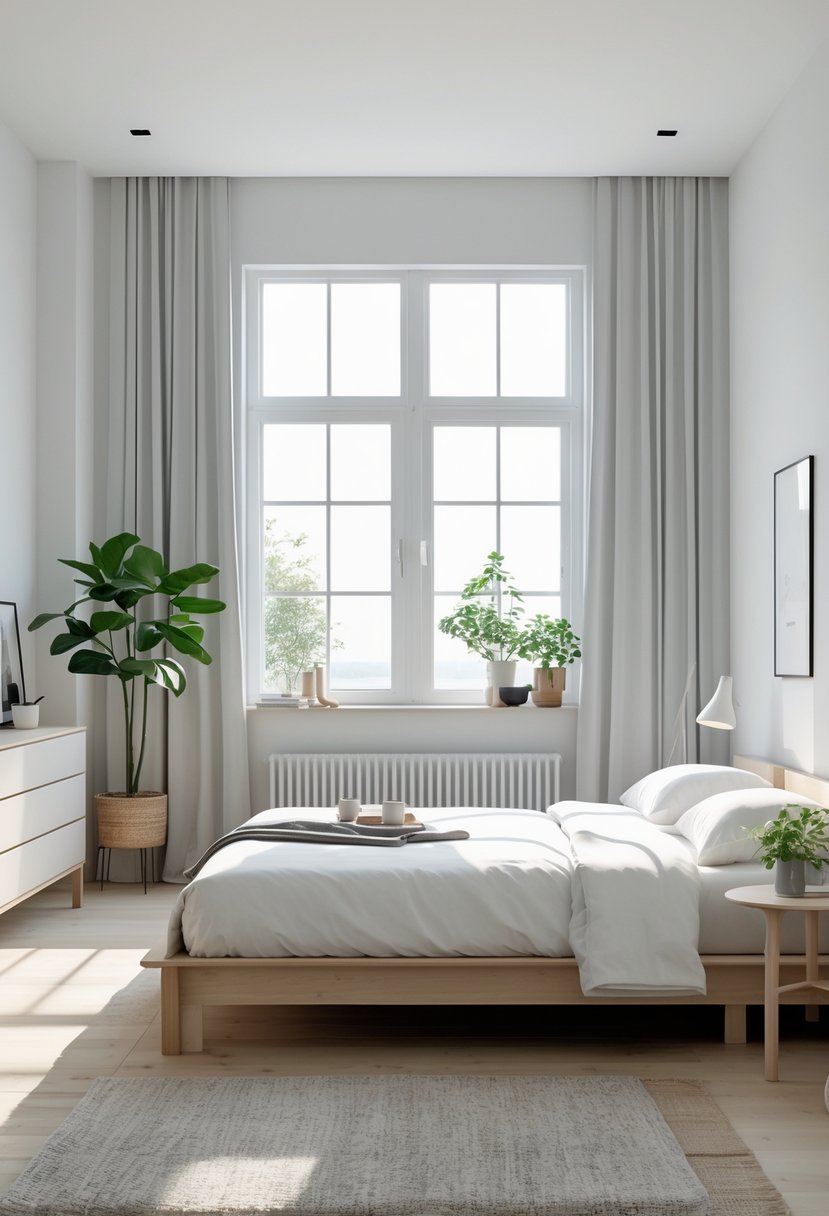 A bright and tidy bedroom with a wooden bed, white bedding, a bedside table, plants, and large windows letting in natural light.