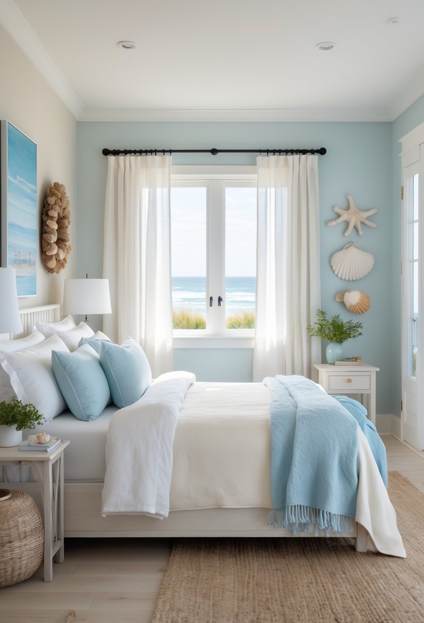 A bedroom with a bed, light blue pillows, beach-themed decorations, and natural light coming through a window.