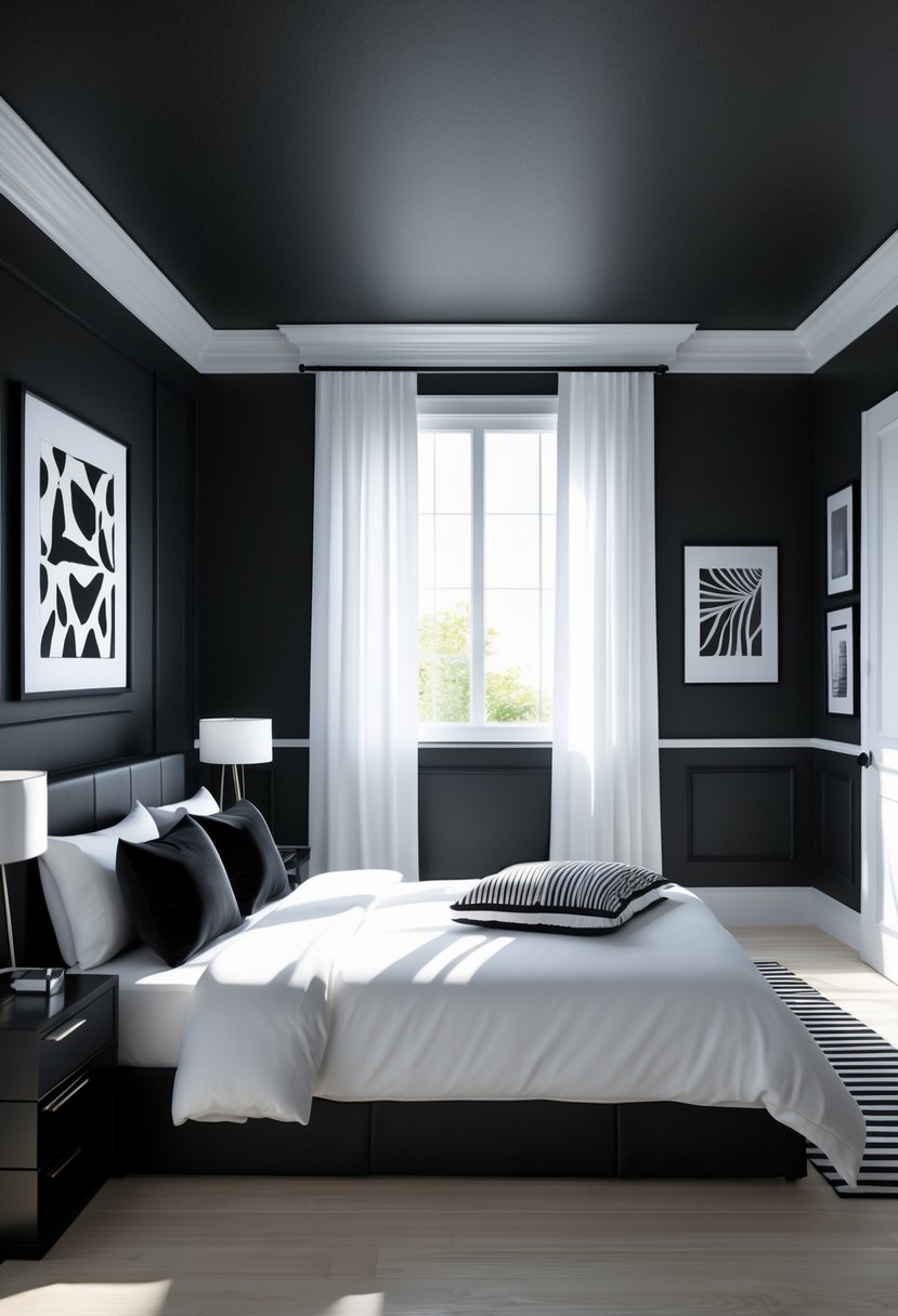 A modern bedroom with black and white furniture and decor, including a bed, bedside table, lamp, and window with curtains.