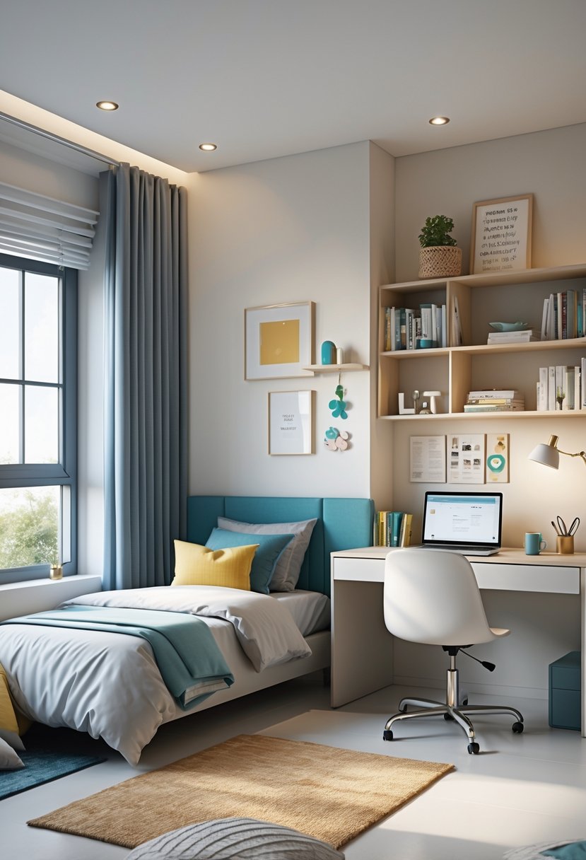 A teen bedroom with a bed and a study desk, featuring a window with natural light and organized shelves.