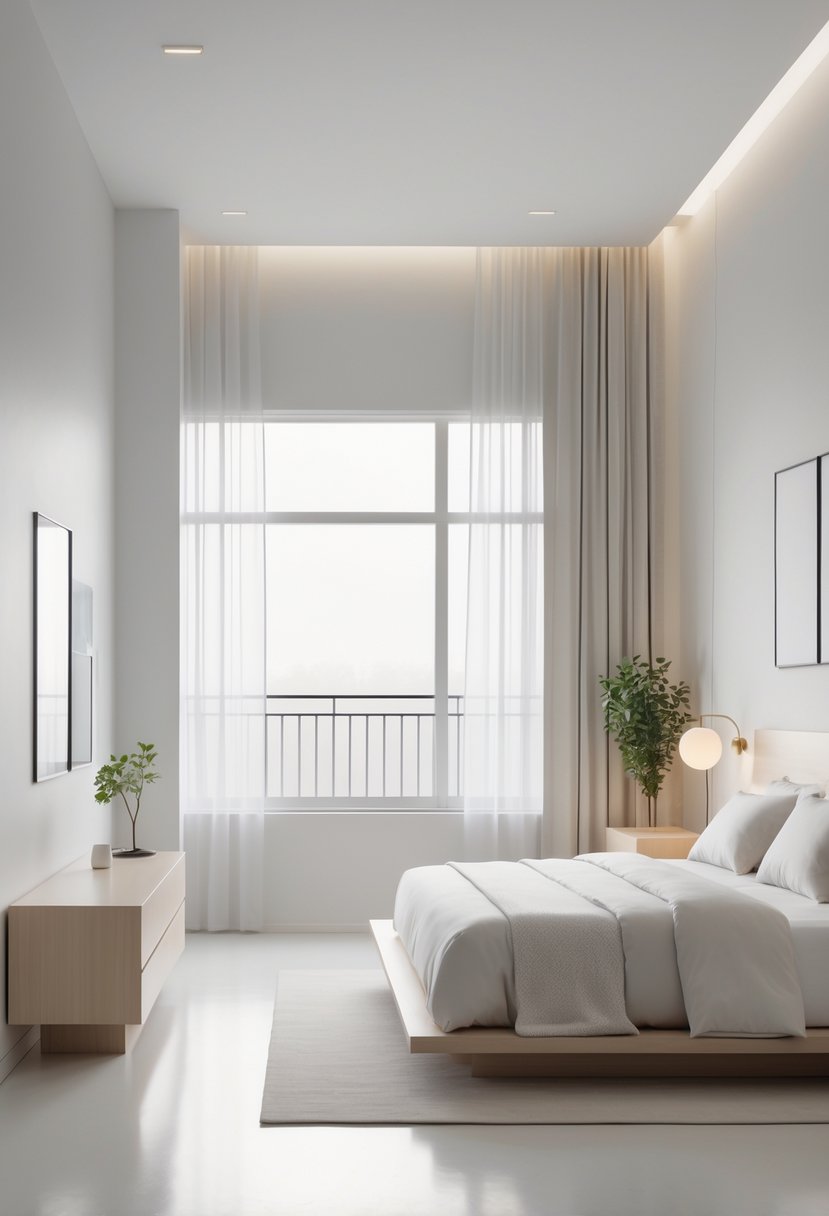 A clean and tidy bedroom with a made bed, nightstand, dresser, and large windows letting in natural light.