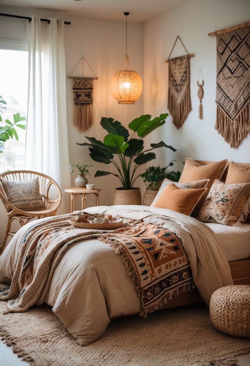 A cozy bedroom with rattan furniture, patterned textiles, plants, and soft lighting.