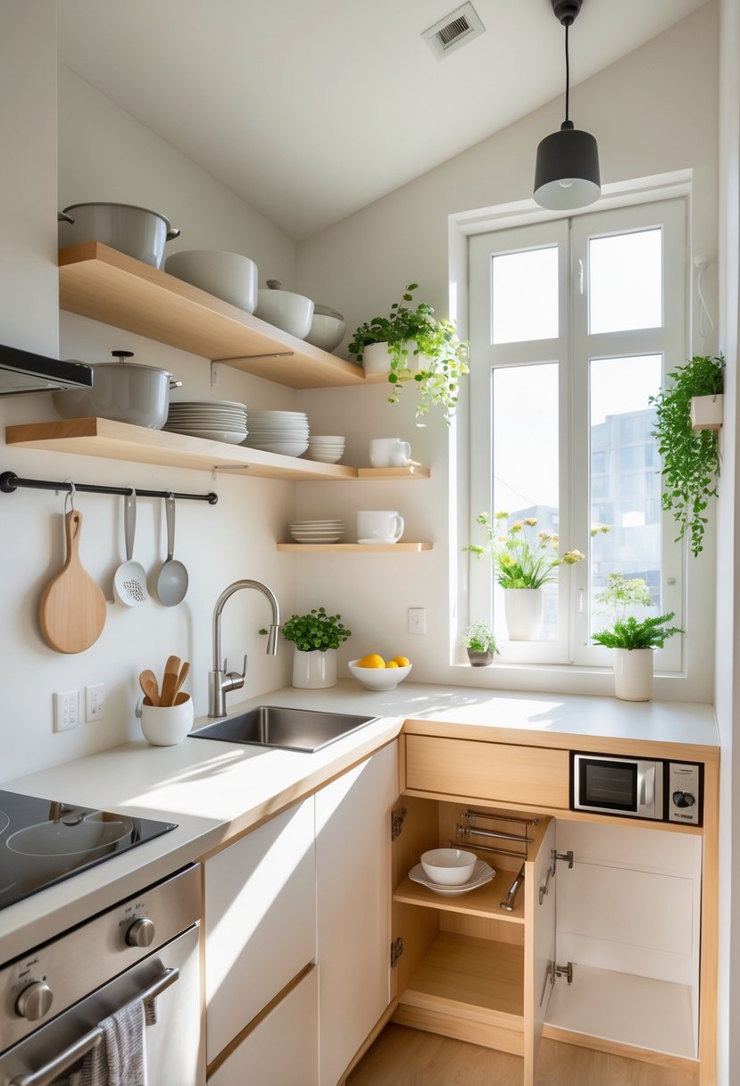 v2 11o7ee bi8q8 A small kitchen with compact appliances, open shelves, hanging utensils, and space-saving furniture illuminated by natural light.