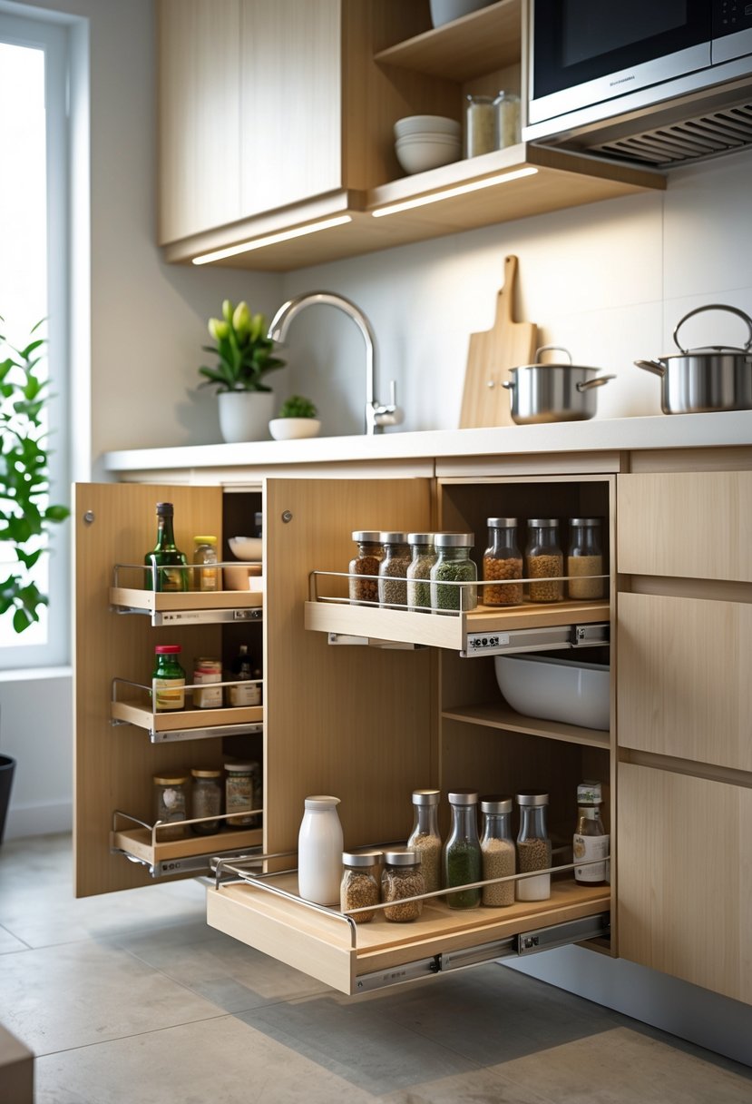 v2 11o7ez fjd4h Compact kitchen with pull-out shelves extended, showing organized kitchen items and efficient storage.