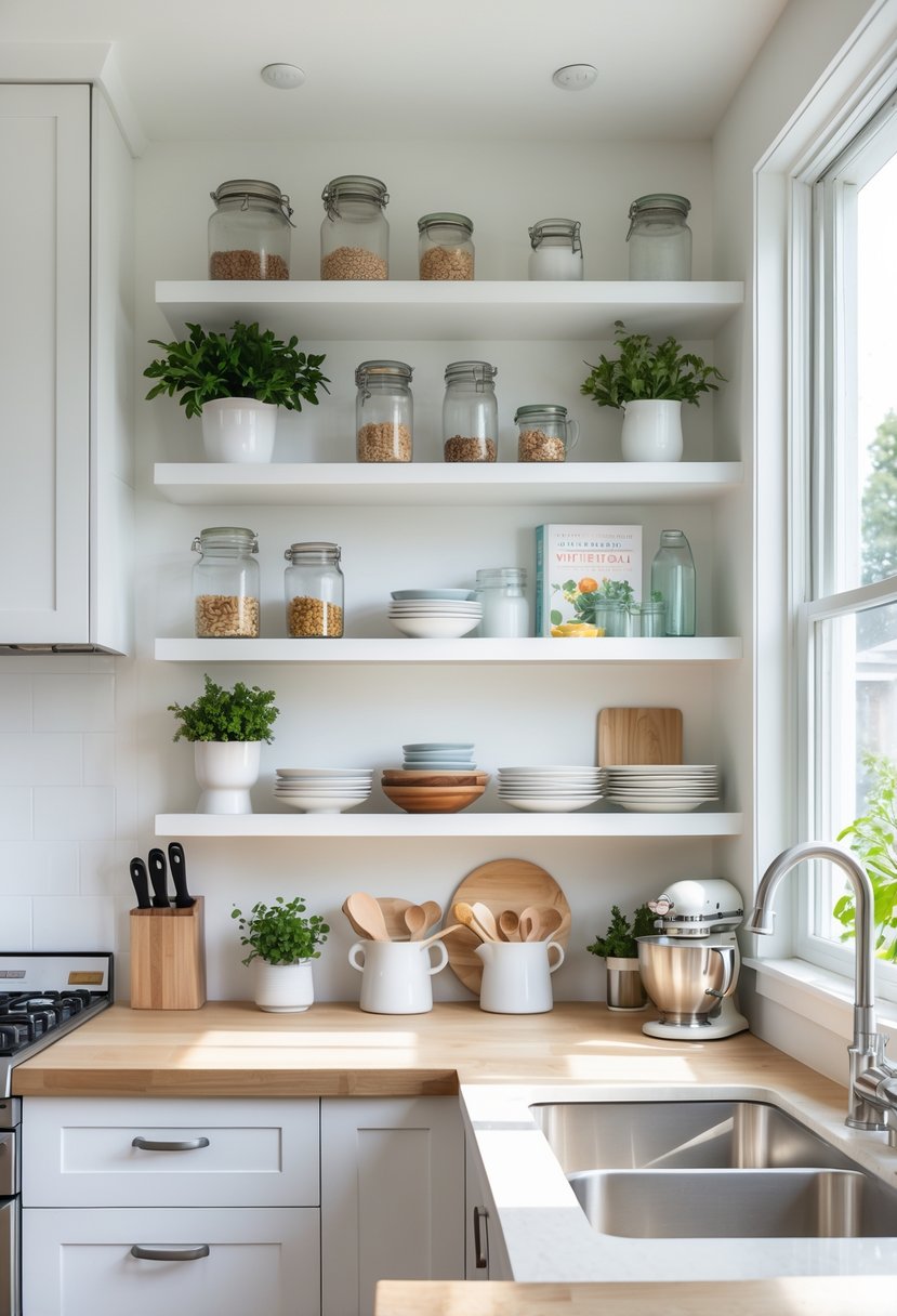 v2 11o7fb 1a0va A modern kitchen with floating shelves holding kitchen items like jars, plants, and dishes above a countertop.