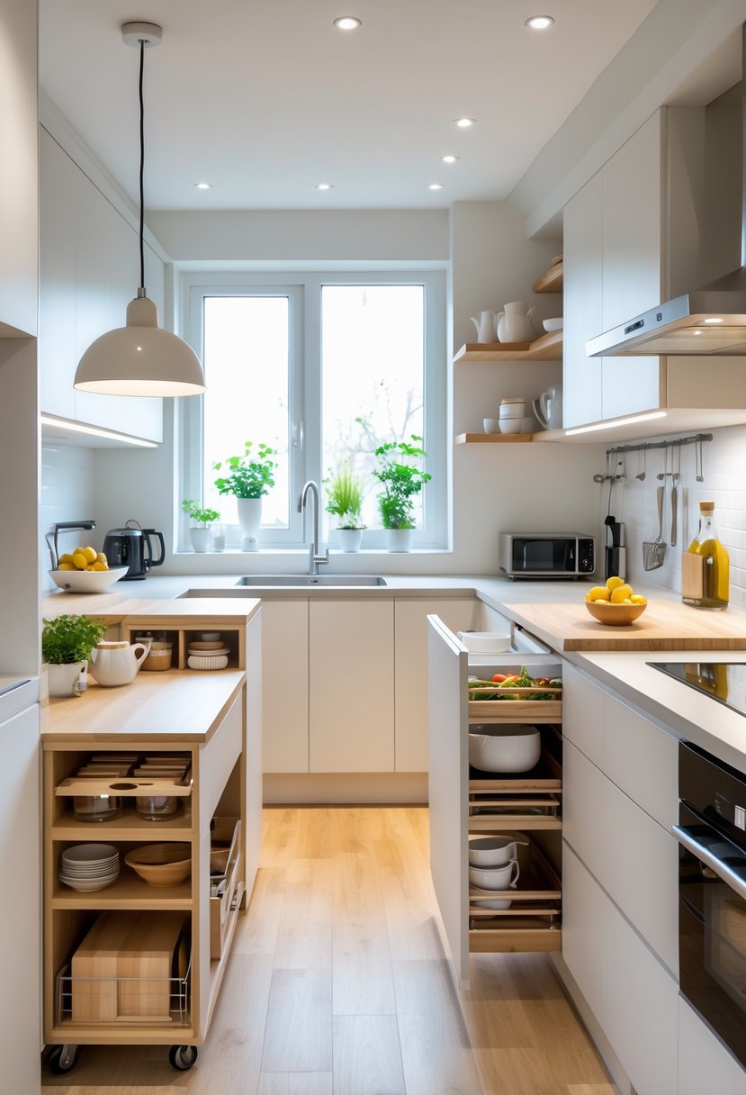 v2 11o7fq jgdry A compact kitchen with multifunctional tables featuring built-in storage and organized space-saving solutions.