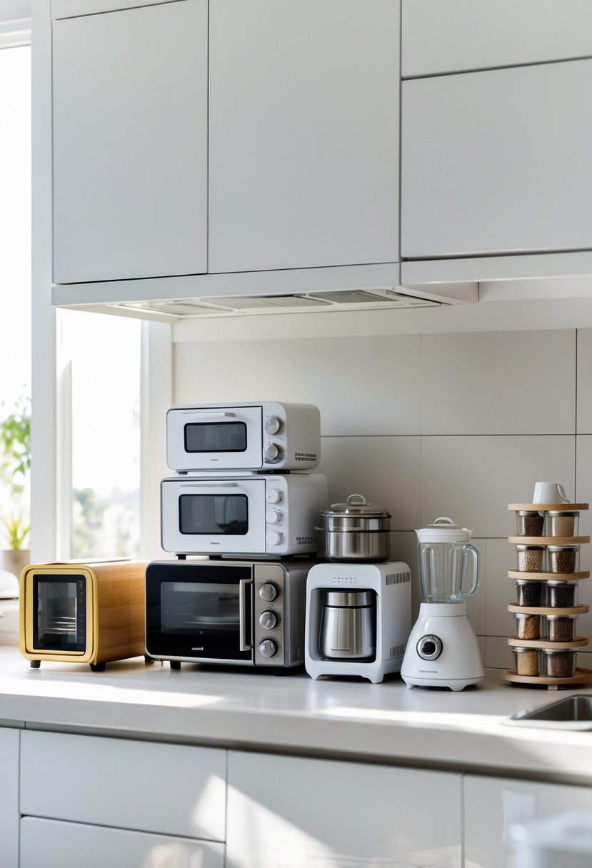 v2 11o7g7 etyes A kitchen countertop with compact, stackable kitchen appliances arranged neatly to save space.